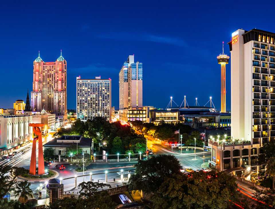 The San Antonio Skyline at dusk.