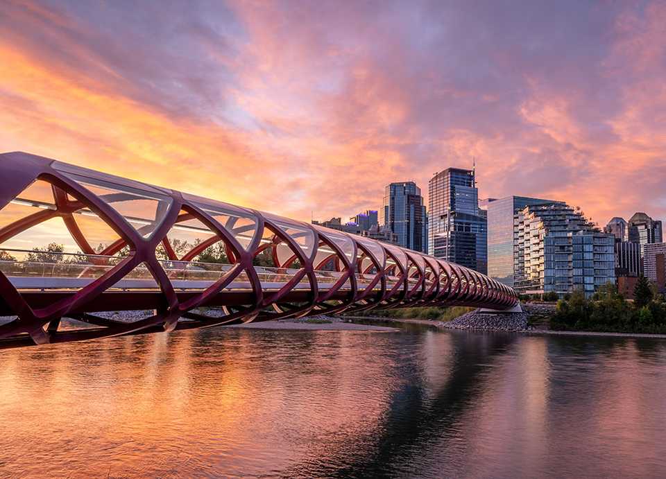 Calgary skyline with bridge.